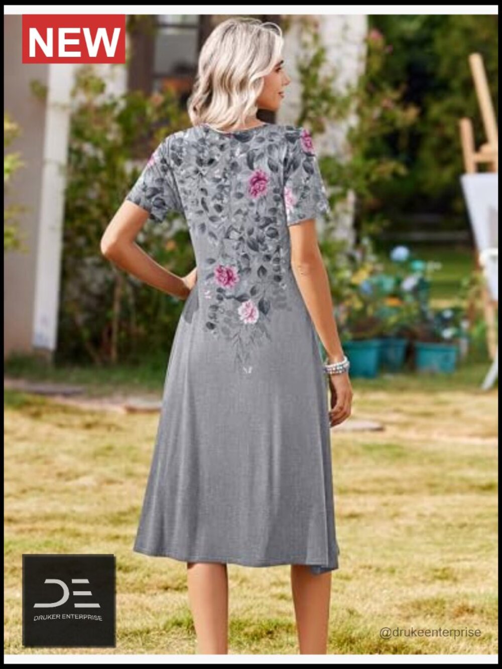 Casual Short Sleeve A-Line Midi Dress with Pockets Flowy Pleated T-Shirt - Picture 5 of 7
